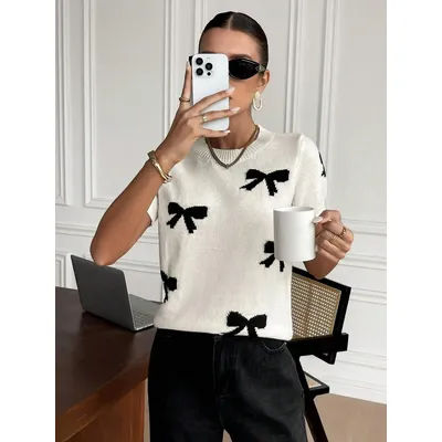 Pull en maille jacquard à nœud, tendance streetwear, printemps été, col rond, manches courtes, haut pour femme