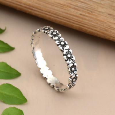 Row of Blooms,'Floral Textured Sterling Silver Band Ring from Bali'