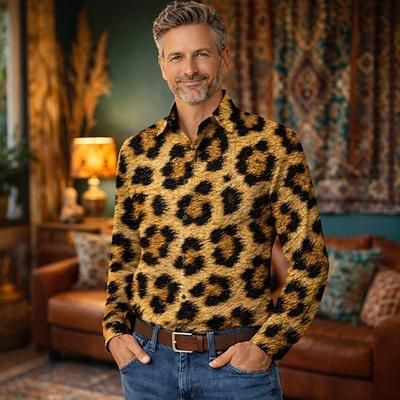 Retrò Vintage Anni '70 Camicia Camicia Aloha Lunghe Hippie Leopardo Costume Per uomo Mascherata Festival Musicale Feste Abbigliamento quotidiano Adulti Camicia