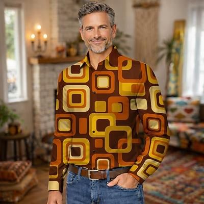 Retrò Vintage Anni '70 Camicia Camicia Aloha Lunghe Hippie Geometrico Etnico Costume Per uomo Mascherata Festival Musicale Feste Abbigliamento quotidiano Adulti Camicia