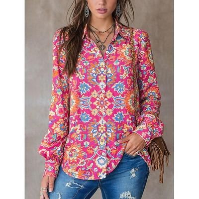 Per donna Camicia Bottoni Stampato Grafico Paisley Vintage Elegante Moderno Manica Lunga Colletto a Camicia Top Regolari Quotidiano Blu Rosa Rosso Arancione Estate Primavera