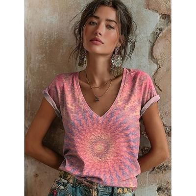 Per donna Maglietta Stampato Floreale Grafico Astratto Vintage Elegante Classico Manica Corta Scollo a V Top lunghi Quotidiano Blu Beige chiaro Rosa Viola Estate Primavera