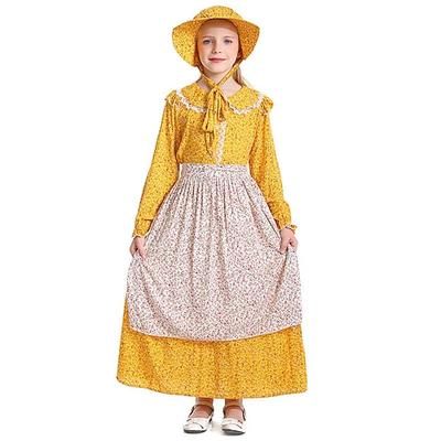 250° anniversario USA 19° secolo anni 1800 Abito da prateria Set cuffia e grembiule Lunghe Ragazza pioniera Coloniale Pioniere Guerra rivoluzionaria Floreale Costume Ragazze Halloween Carnevale 4