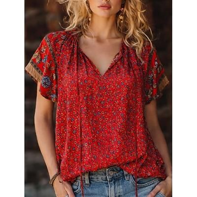 Per donna Blusa Stampato Floreale Bohemien Vintage Casual Manica Corta Scollo a V Top Regolari Quotidiano Ferie Uscire Blu Rosso Marrone Albicocca Estate Primavera