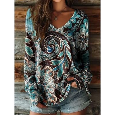 T-Shirt Boho Donna Grafico Floreale Piante Vintage Elegante Casual Manica Lunga Collo a V Maglie Regolari Giornaliero Weekend Stampa Blu-Nera Rossa Marrone Estate Primavera
