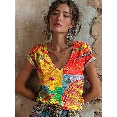 Per donna Maglietta Stampato Floreale Grafico Vintage Elegante Classico Manica Corta Scollo a V Top Regolari Quotidiano Cenere Giallo Arancione Rosa Estate Primavera