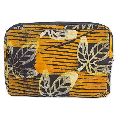 Leafy Protector,'Batik Cotton14 Inch Tablet Sleeve in Saffron from Ghana'