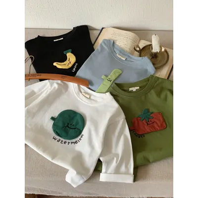 Vêtements pour enfants de style d'automne, t-shirt de style japonais à manches longues, tissu patch tridimensionnel pour garçons et filles, fruit b