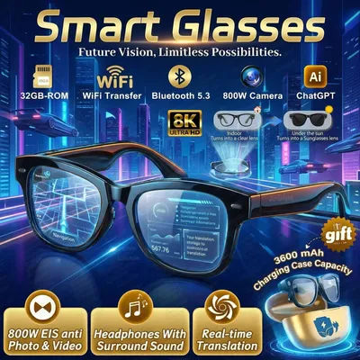 Nouvelles lunettes intelligentes AI avec caméra HD 4K 800W, enregistrement vidéo 32G, batterie 3600mAh, traduction en plus de 120 langues, lecteur de musique, lunettes de soleil pour hommes