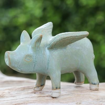 'Celadon Ceramic Flying Pig Figurine with Bluish-Grey Glaze'