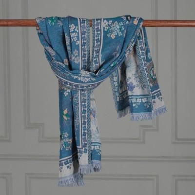 'Blue Hand-Embroidered Jacquard Floral and Leaf Wool Shawl'