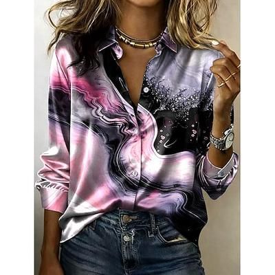 Per donna Camicia Grafico Geometrico Bohemien Vintage Elegante Manica Lunga Colletto a Camicia Top Regolari Quotidiano Ferie Blu Rosa Viola Estate Primavera