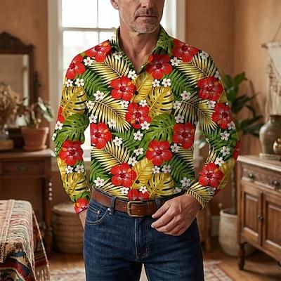 Retrò Vintage Anni '70 Camicia Camicia Aloha Lunghe Hippie Floreale Costume Per uomo Mascherata Festival Musicale Feste Abbigliamento quotidiano Adulti Camicia