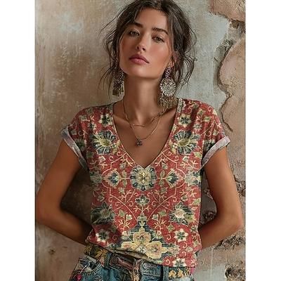 Per donna Maglietta Stampato Floreale Grafico Geometrico Vintage Elegante Classico Manica Corta Scollo a V Top Regolari Quotidiano Vino Rosso Arancione Estate Primavera