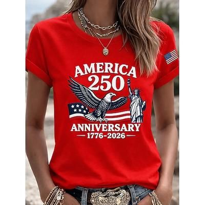 Giorno dell'Indipendenza Americana Per donna Maglietta Stampato Grafico Giornata dell'indipendenza Vintage Elegante Classico Manica Corta Girocollo Top Regolari Quotidiano Blu Nero Bianco Rosa Rosso