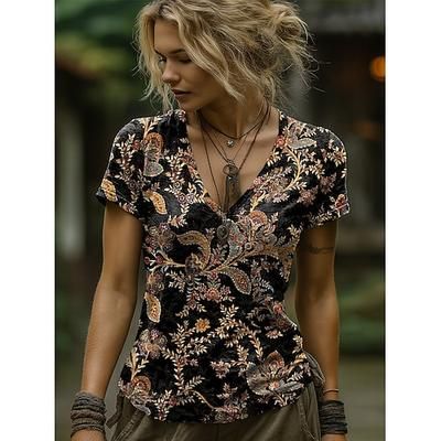 Per donna Maglietta Stampato Grafico Paisley Piante Bohemien Vintage Elegante Manica Corta Scollo a V Top Regolari Quotidiano Uscire Weekend Blu Nero Rosa Arancione Marrone Estate Primavera
