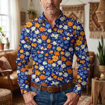 Retrò Vintage Anni '70 Camicia Camicia Aloha Lunghe Hippie Floreale Costume Per uomo Mascherata Festival Musicale Feste Abbigliamento quotidiano Adulti Camicia