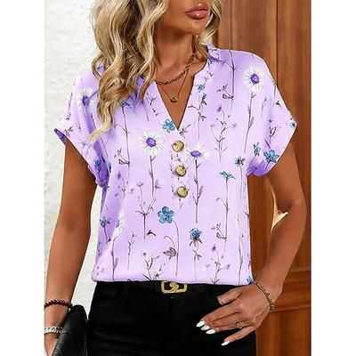 Per donna Maglietta Stampato Floreale Grafico Piante Vintage Elegante Casual Manica Corta Collo a V Top Regolari Quotidiano Uscire Weekend Blu Giallo Rosa Viola Estate Primavera