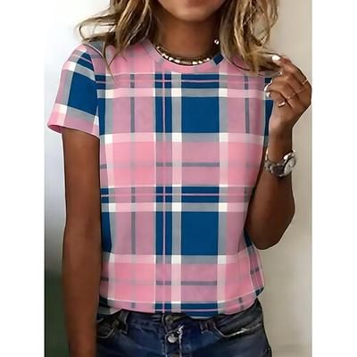 Per donna Maglietta Stampato Grafico Geometrico Plaid Vintage Elegante Classico Manica Corta Girocollo Top Regolari Quotidiano Blu Bianco / blu Rosa Estate Primavera Autunno