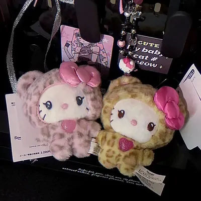Hello Kitty Leopard Print Plush Keychain Pink Bow Heart Detail Plush Doll Pendant Trendy Bag Diy Decor for Girls Birthday Gifts