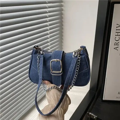 Casual Thread Design Women's Denim Shoulder Bags Simple Y2k Cool Girls Chain Underarm Bag Portable Female Square Phone Handbags
