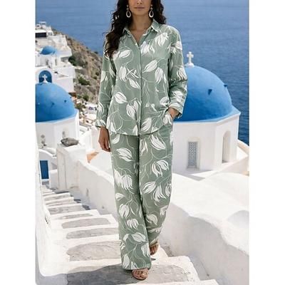 Per donna Set da due pezzi Set di Pantaloni Bolero Top Manica Lunga Colletto a Camicia Floreale Grafico pianta Stampato Quotidiano Elegante Casuale Quotidiano Spiaggia Rosa Marrone Verde Estate