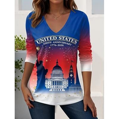 Festa dell'Indipendenza Americana 250° Anniversario T-Shirt Patriottica da Donna Stampa Grafica Bandiera Americana Vintage Elegante Casual Maniche Lunghe Collo a V Top Regolari Quotidiano Weekend Blu