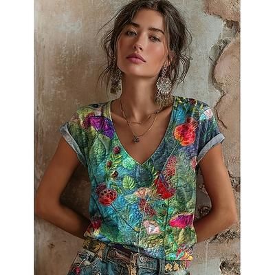 Per donna Maglietta Stampato Floreale Grafico Graffiti Bohemien Vintage Classico Manica Corta Scollo a V Top Regolari Quotidiano Verde Estate Primavera