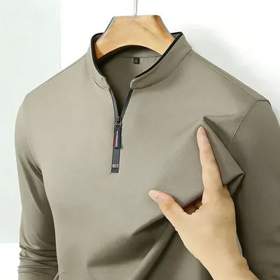 T-shirt Homme Demi-Zip Haute Qualité Anti-Plis Manches Longues Décontracté Chic