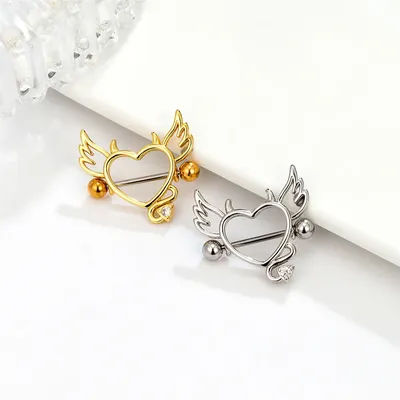 1 Pair 16G Angel Devil Heart Nipple Rings 1.2mm 16mm Titanium Barbell Sexy Nipple Piercing Jewelry Women Men Funny Accessories