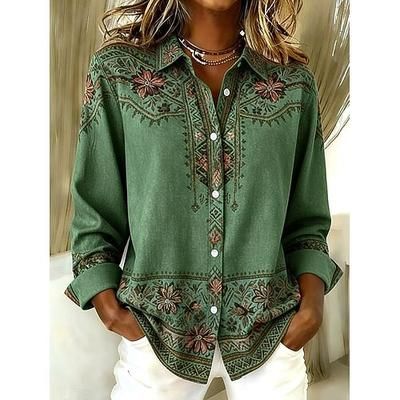 Per donna Camicia Blusa Patchwork Bottoni Stampato Grafico Geometrico Plaid Vintage Tropicale Quotidiano Manica Lunga Scollo a V Colletto a Camicia Top lunghi Quotidiano Abbigliamento mare