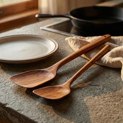 'Pair of Longan Wood Serving Spatulas Hand-Carved in Thailand'