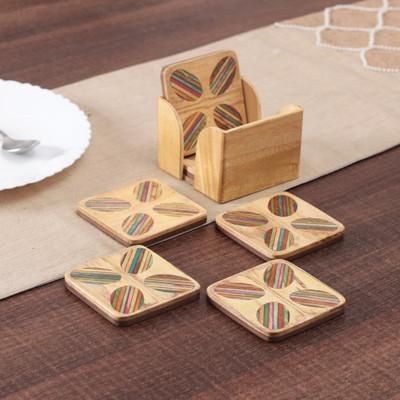 'Striped Hand-Carved 6-Piece Mango and Haldu Wood Coaster Set'
