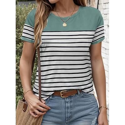 Per donna Maglietta Stampato Grafico Geometrico A righe Vintage Elegante Classico Manica Corta Girocollo Top Regolari Quotidiano Rosso Verde Estate Primavera
