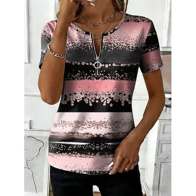 Per donna Maglietta Cerniera Grafico Geometrico Vintage Hawaiano Elegante Manica Corta Girocollo Top Regolari Quotidiano Sportivo Weekend Blu Rosa Viola Verde Estate Primavera