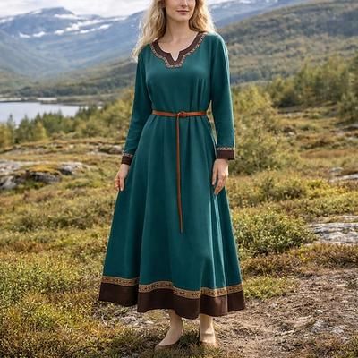 Retrò Vintage Medievale Rinascimento Midi Vestito Cintura in Vita Lunghe Vichingo Scollo a V Costume Per donna Halloween Carnevale Fiera Rinascimentale LARP Festa a tema retrò Adulti Vestito Cintura
