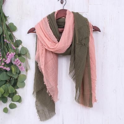 '2 Hand-Loomed Lightweight Scarves in Peach and Olive Shades'