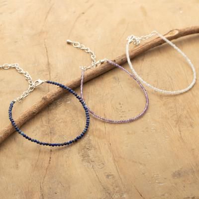 Walking in Elegance,'3 Adjustable Amethyst Quartz and Lapis Lazuli Beaded Anklets'