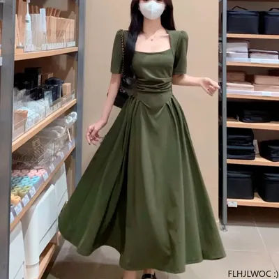 Robe longue Maxi élégante pour femmes, tenue de réunion annuelle, col carré, Chic, Design français, taille Slim, rétro, vert, 2023