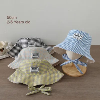 Chapeau de soleil tendance pour fille, 52 cm, 2-6 ans, chapeau de pêcheur d'été pour garçons, chapeau bob à carreaux patchwork pour enfants