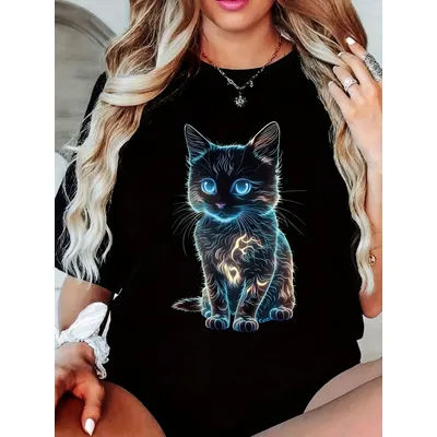 T-shirt pour femme Neon Glow Kitten - Motif chat futuriste, haut noir décontracté