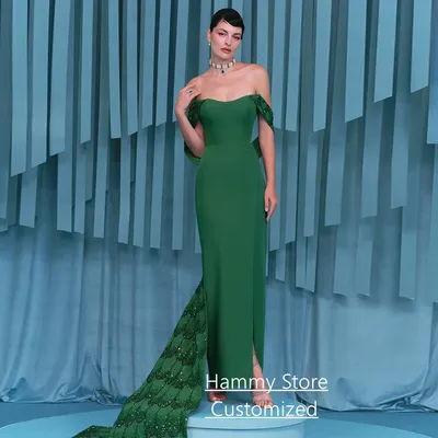 Robe de soirée verte chaude, épaules dénudées, paillettes scintillantes, robe de soirée saoudienne, robes de bal de concours