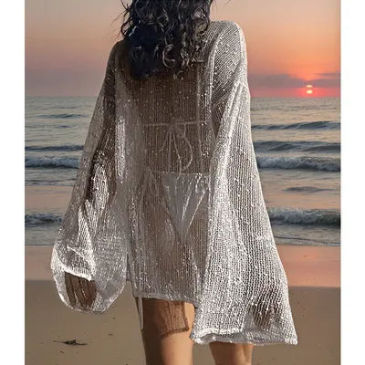 Haut fendu sur le côté ajouré de couleur Pure, couverture de plage décontractée à manches longues, coupe ample, Style de vacances, motif uni, vêtements de plage à la mode