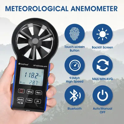 Anémomètre intelligent à écran tactile HoldPeak 6000-WM-APP, numérique, connectable par Bluetooth, mesureur de débit de vent, étanche et anti-poussière