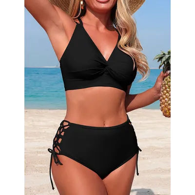 Maillot de bain bikini 2026 à cordon de serrage, uni, rembourré, taille haute pour femme, tenue de plage XL