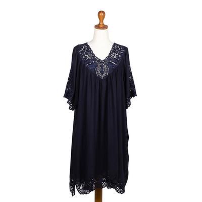 Midnight Blue Medallion,'Rayon Dress with Floral and Medallion Embroidered Details'