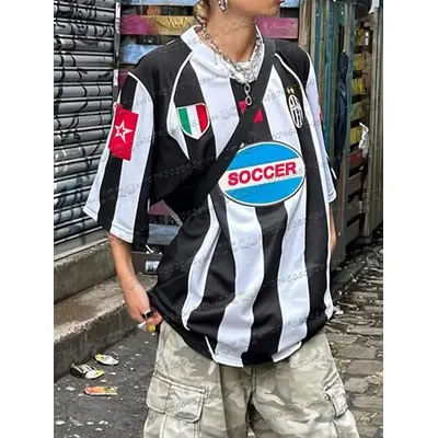 T-Shirt de Football rayé à col rond pour femmes, ample, imprimé en 3d, manches courtes, décontracté, Streetwear, haut surdimensionné