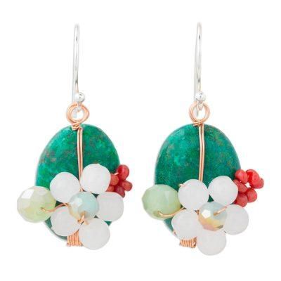 Garden Bliss in Teal,'Serpentine Quartz and Glass Bead Dangle Earrings with Copper'