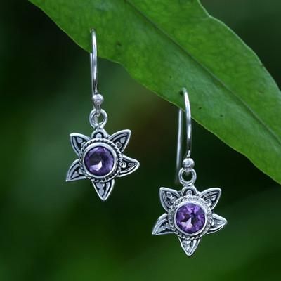 Violet Sunflower,'Amethyst Silver Dangle Earrings with Sunflower Design'