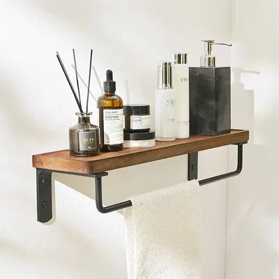 Walnut Bathroom Shelf With Rod Black Aluminium Wall Mounted Shower Storage Rack Shampoo Storage Organizer Rack Holder Towel Rack